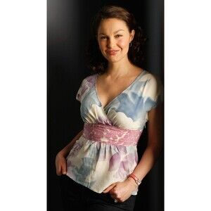 Odille Women Small Silk Blouse Santa Fe Dawn Wrap Floral Purple Blue Artsy Boho